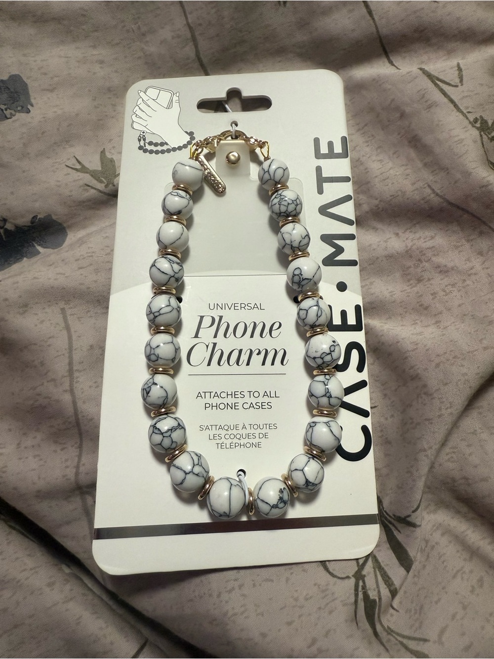 case-mate White Marble Beaded Phone Charm with Gold Accents